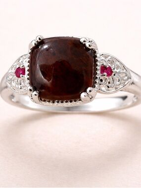 Coffee Obsidian & Ruby CZ Filigree Ring 925 Sterling Silver Cushion Cut Size 10